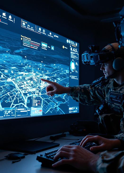 Professional in the defence sector interacting with advanced technology on a digital interface – EUDIS Matchmaking Platform. 